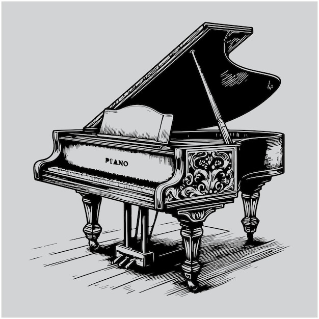 Grand piano in monochrome engraved vintage style Hand drawn sketch Musical jazz classical keyboard