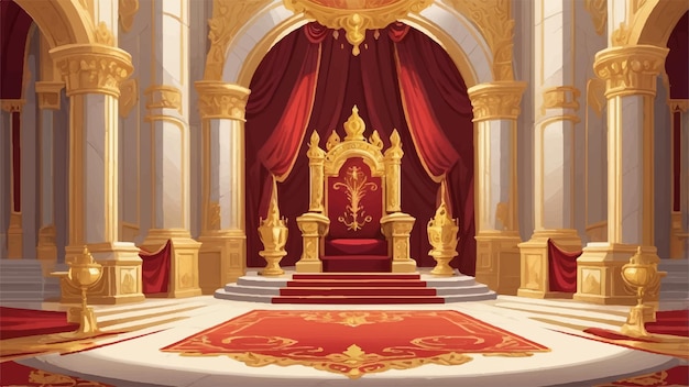 Vector grand throne room with golden accents royal banners and majestic throne in vector cartoon style