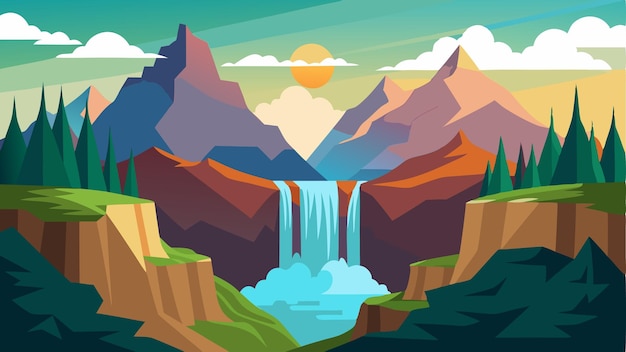 A grand vista of a cascading mountain range with waterfalls pouring down cliff faces adding an