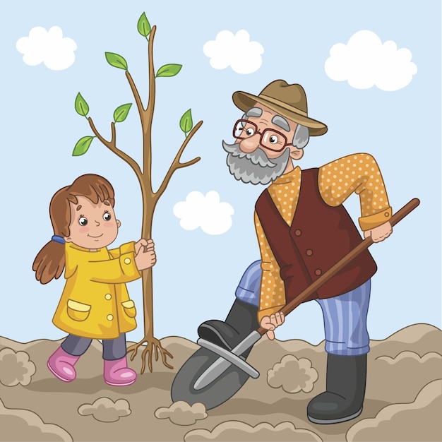 granddad and granddaughter planting a tree