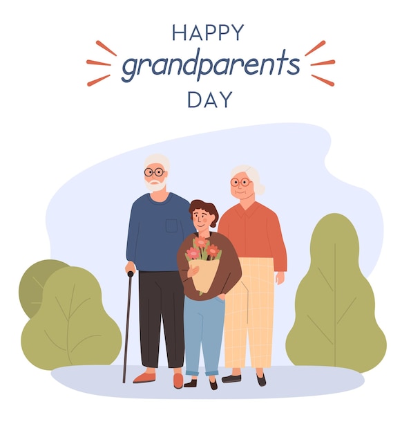 Grandfather grandmother standing with grandchild Embracing granddad grandma and grandson holding bouquet of flowers Loving family Illustration in flat cartoon style for Grandparents Day postcard