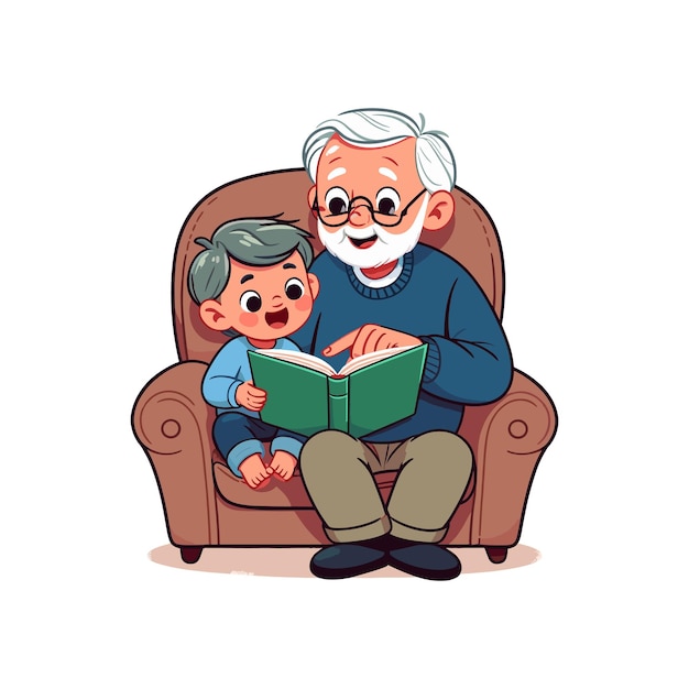 Vector a grandfather and his son are reading a book and telling a story