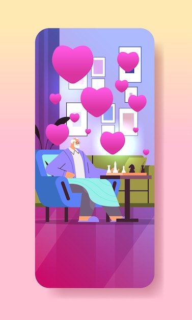 Vector grandfather in love playing chess senior man sitting in armchair valentines day celebration concept living room interior with pink hearts