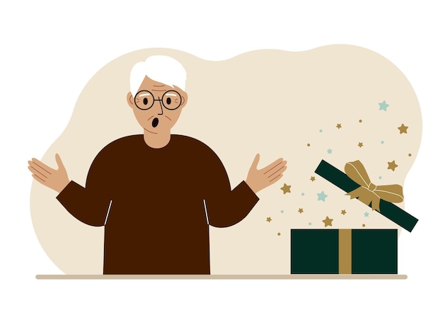 A grandfather next to an open gift The concept of a holiday surprise promotion discount