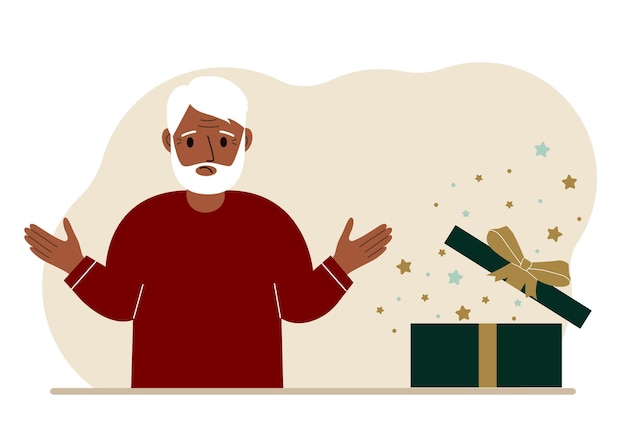 A grandfather next to an open gift The concept of a holiday surprise promotion discount