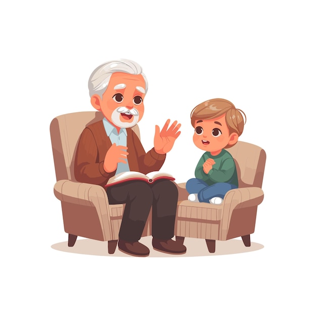 Vector a grandfather tells a story to his attentive grandchild vector illustration