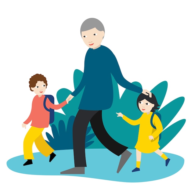 Grandfather with two children going to school nursery Back to school time Vector Illustration