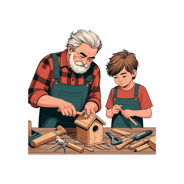 Vector a grandfather with weathered hands patiently helps his grandchild build a wooden birdhouse