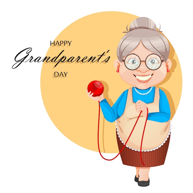 Grandma cartoon character holding a ball of wool