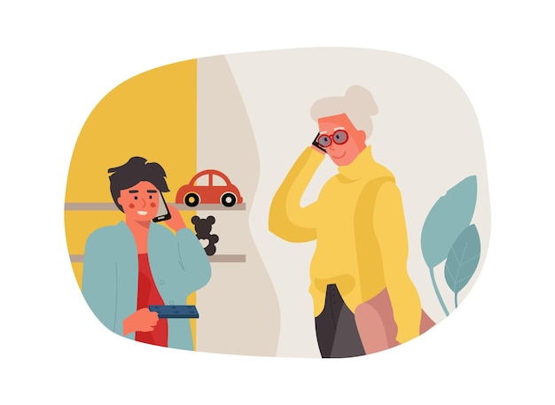 Grandma and grandson talking on phone Cartoon characters have dialogue Senior woman communicating with boy using smartphone Isolated scene of remote conversation Vector illustration