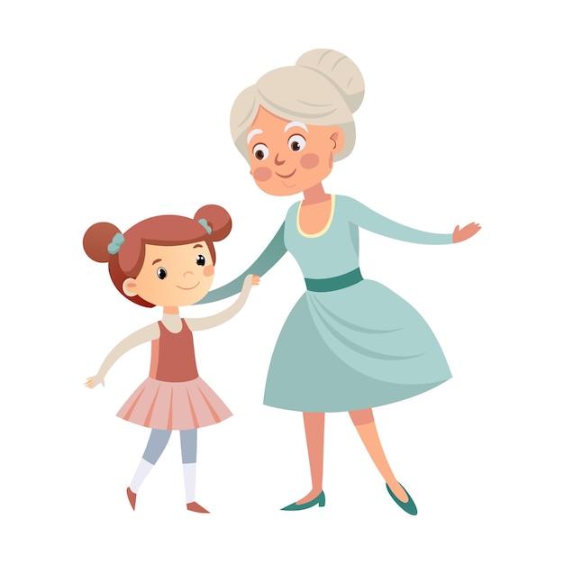 Vector grandmother and granddaughter dancing together in joyful moment