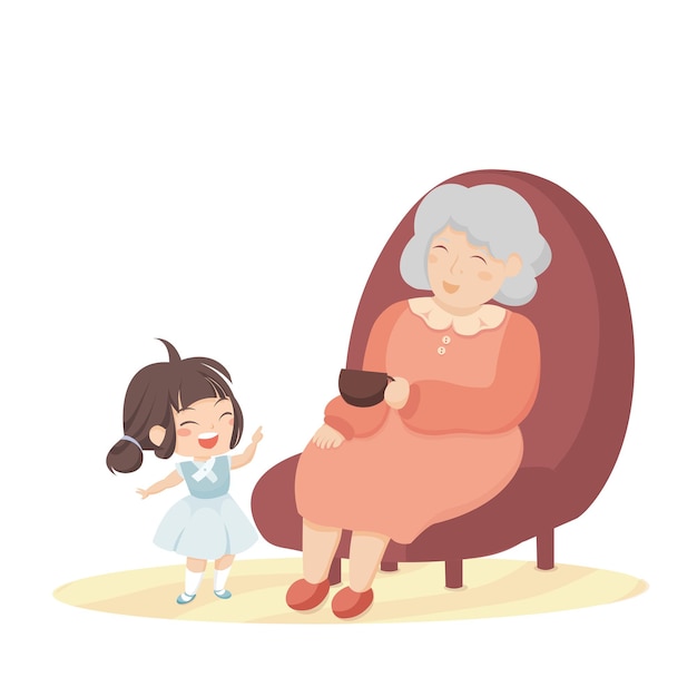 Grandmother and her grandchild is talking and do storytelling while sitting ont the chair with a tea