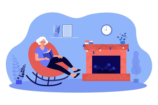 Grandmother holding book sitting in rocking chair by fireside. Woman of old age reading flat vector illustration. Holiday, daily winter routine concept for banner, website design or landing web page