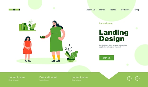 Grandmother mother giving candy to daughter landing page in flat style