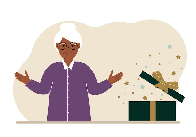 A grandmother next to an open gift The concept of a holiday surprise promotion discount