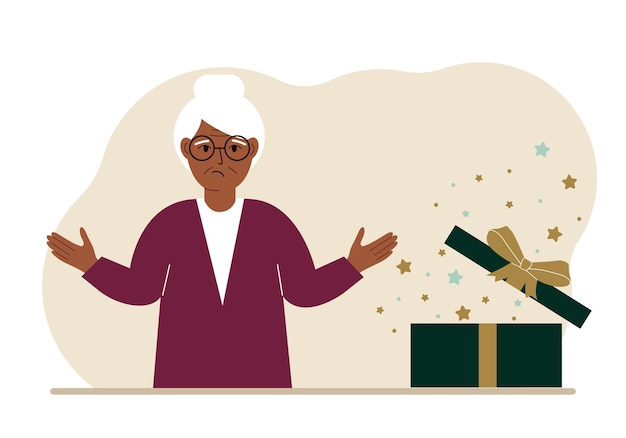 A grandmother next to an open gift The concept of a holiday surprise promotion discount