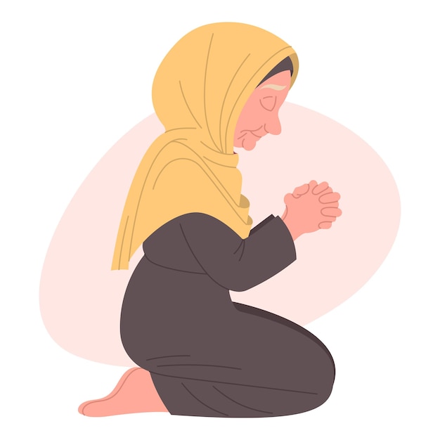 Grandmother prays on her knees in a scarf with her eyes closed reading a prayer