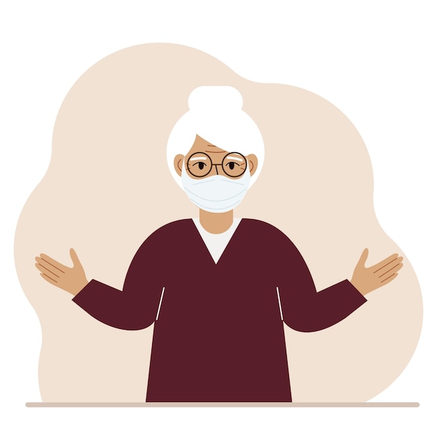 Grandmother in a protective medical face mask. The old woman wears protection against viruses, urban air pollution, smog, vapors, and polluting gas emissions. Vector flat illustration.