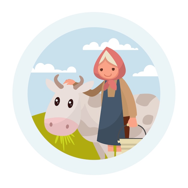 Grandmother with a cow. The emblem of dairy products.