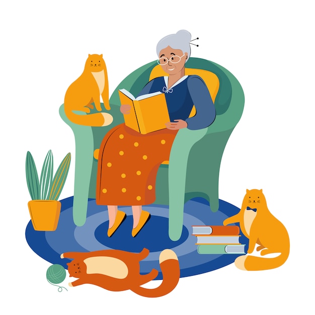 Grandmother with glasses is sitting in a big chair reading a book, surrounded by cats. An elderly woman is a literary fan