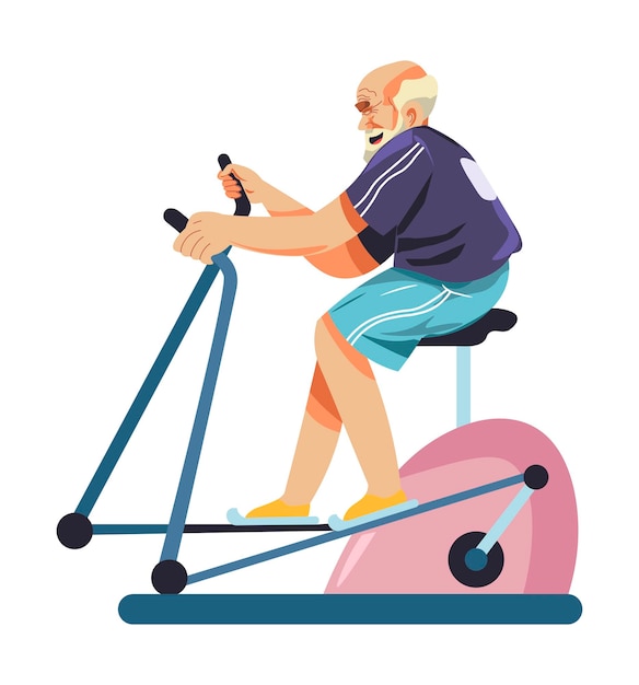 Grandpa doing exercises and sports on bike in gym