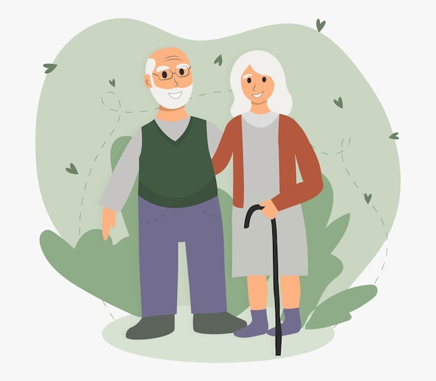 Vector grandpa and grandma flat design illustration of an elderly couple grandmother with cane hugs grandfather