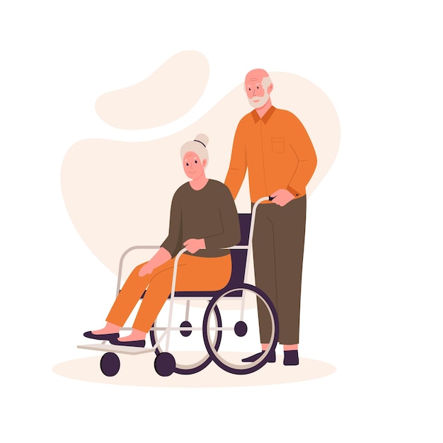 Grandpa pushing grandma's wheelchair vector concept