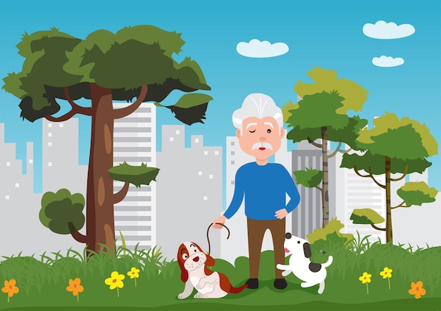 Grandpa took the dog for a walk in the park Found another little dog holding on to Grandfather's legs pretending to be cute vector illustration