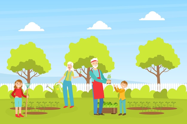 Grandparents and Children Working in Garden Together Grandchildren Helping their Grandpa and Grandma Cartoon Vector Illustration