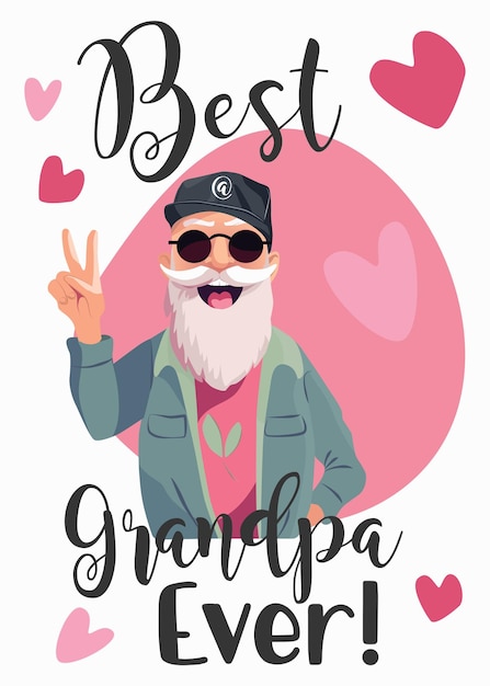 Vector grandparents day card with senior man in sunglasses and a baseball cap