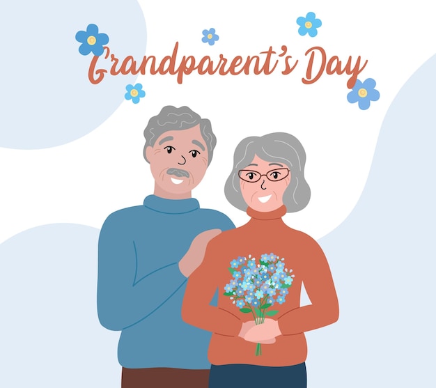 Grandparents Day celebration greeting card poster Happy elderly family couple Grandmother and grandfather together Smiling granny holding forgetmenot flowers bouquet Flat vector illustration