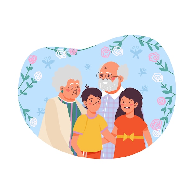 Grandparents and grandchildren at floral backdrop flat vector illustration