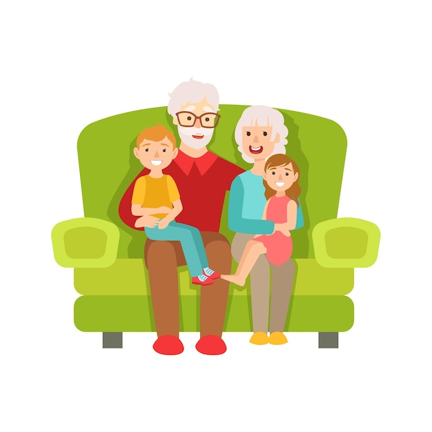 Grandparents And Grandchildren Sitting On The Sofa Part Of Grandparent Grandchild Passing Time Together Set Illustrations