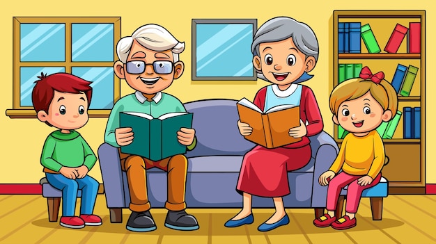 Grandparents Reading to Grandchildren in Cozy Living Room