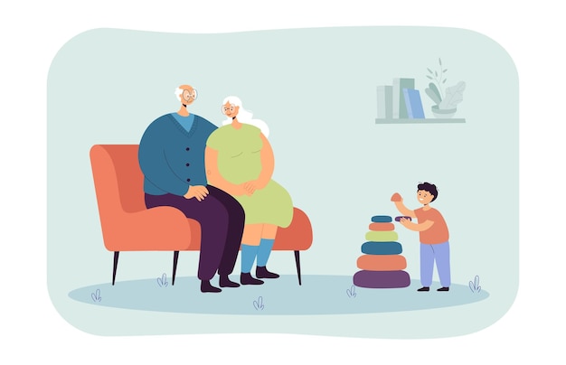 Grandparents sitting on sofa and looking at grandson. Boy building pyramid with grandmother and grandfather flat vector illustration. Family concept for banner, website design or landing web page