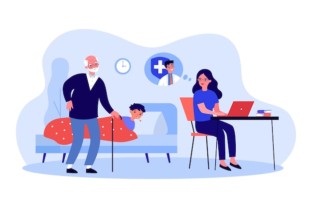 Grandparents taking care of sick child grandson. Woman contacting doctor online on computer, consulting about ill boy kid in bed. Health problem, healthcare concept. Cartoon vector illustration.