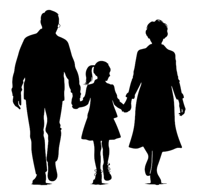 grandparents walking with granddaughter Silhouette vector Illustration