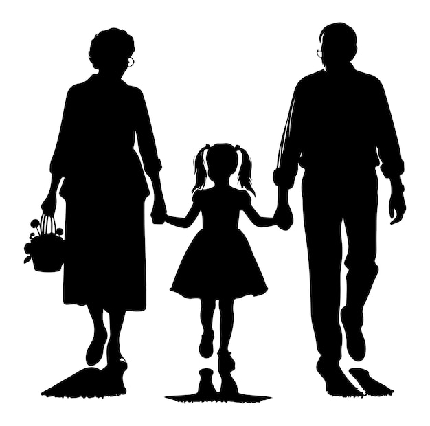 grandparents walking with granddaughter Silhouette vector Illustration