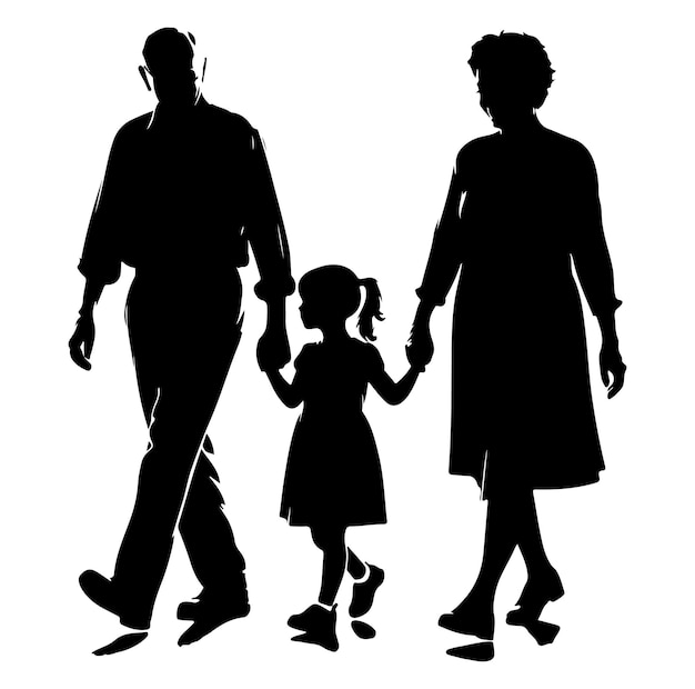 grandparents walking with granddaughter Silhouette vector Illustration