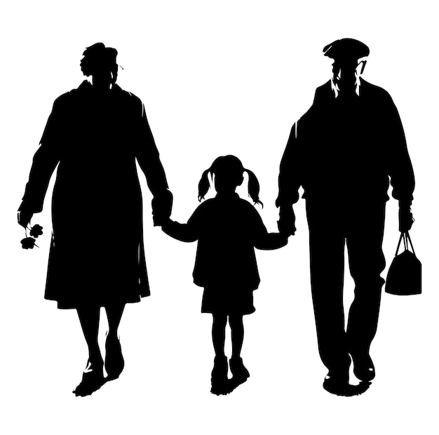 grandparents walking with granddaughter Silhouette vector Illustration