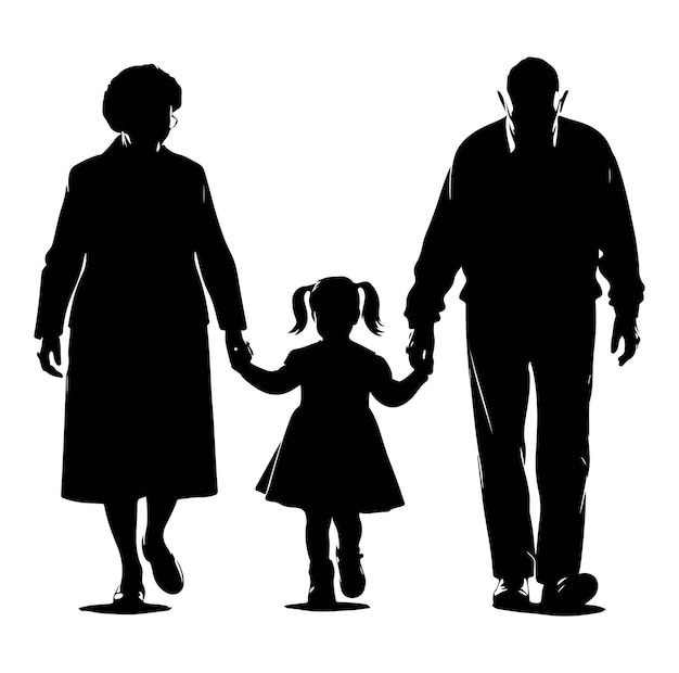 grandparents walking with granddaughter Silhouette vector Illustration