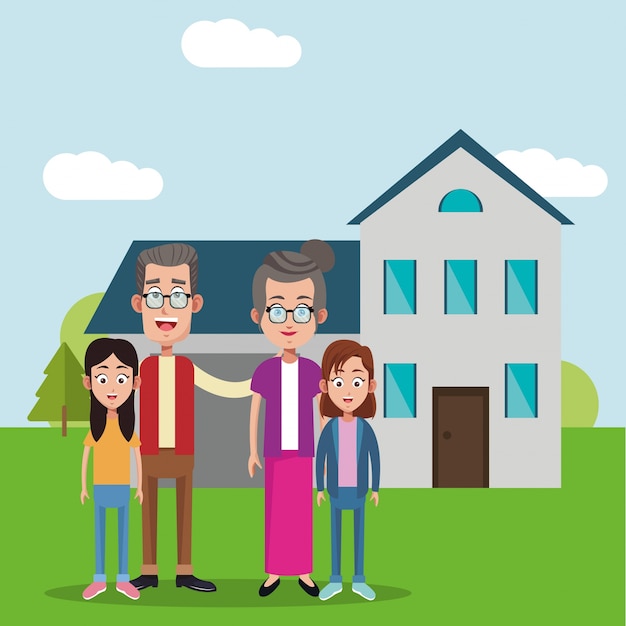 Grandparents with girls house background 