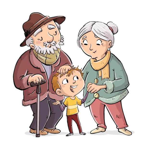 grandparents with grandson illustration