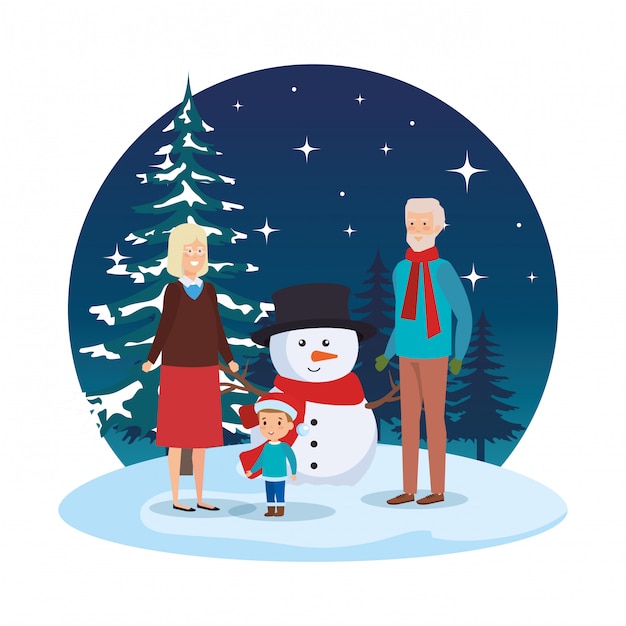 Grandparents with grandson and snowman in snowscape