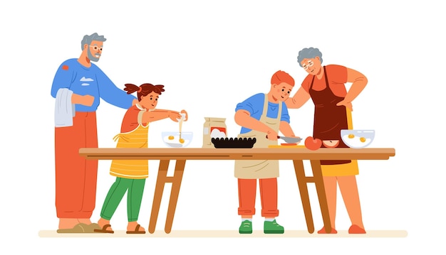 Vector grandparents with two grandchildren boy and girl cooking together on kitchen table