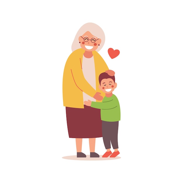 The grandson hugs his grandmother. illustration.