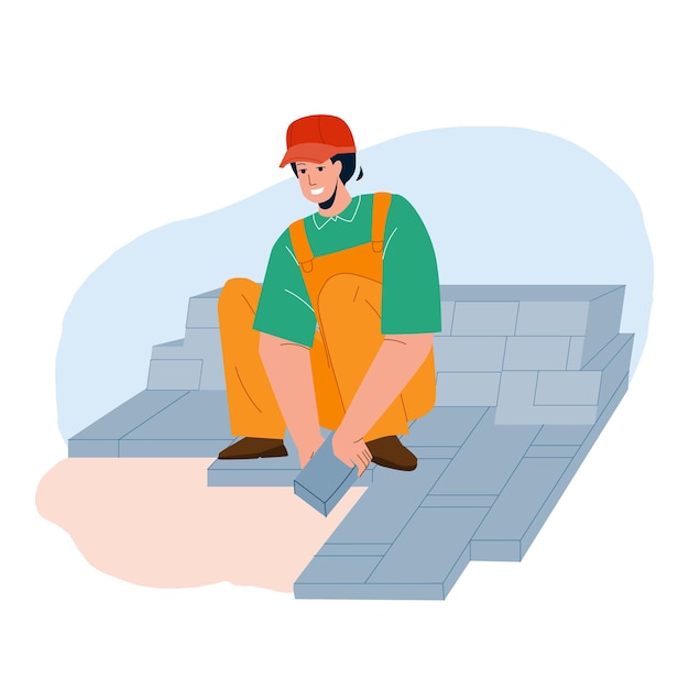 Granite Worker Laying Street Stone Pavers Vector. Granite Worker Man Brick Paving Hardstanding Garden Path. Character Handyman In Professional Suit And Protective Hat Flat Cartoon Illustration