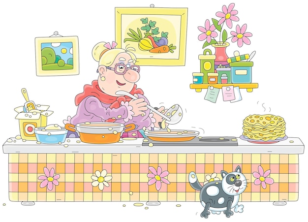 Granny frying tasty pancakes from batter in her pretty kitchen decorated with pictures and flowers