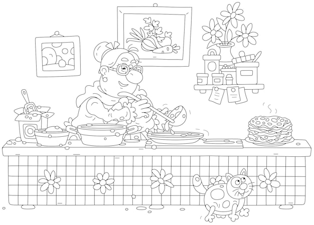 Vector granny frying tasty pancakes from batter in her pretty kitchen decorated with pictures and flowers