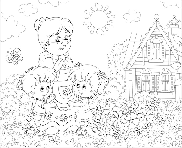 Granny and her little grandchildren smiling and hugging among flowers on a lawn in front of a house